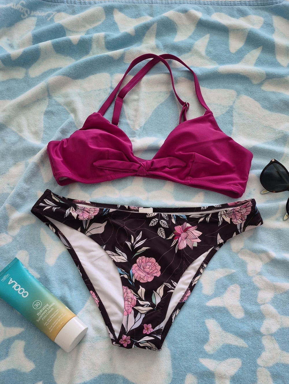 Women’s Magenta Bikini Top with Black Floral Bottom Swim Set